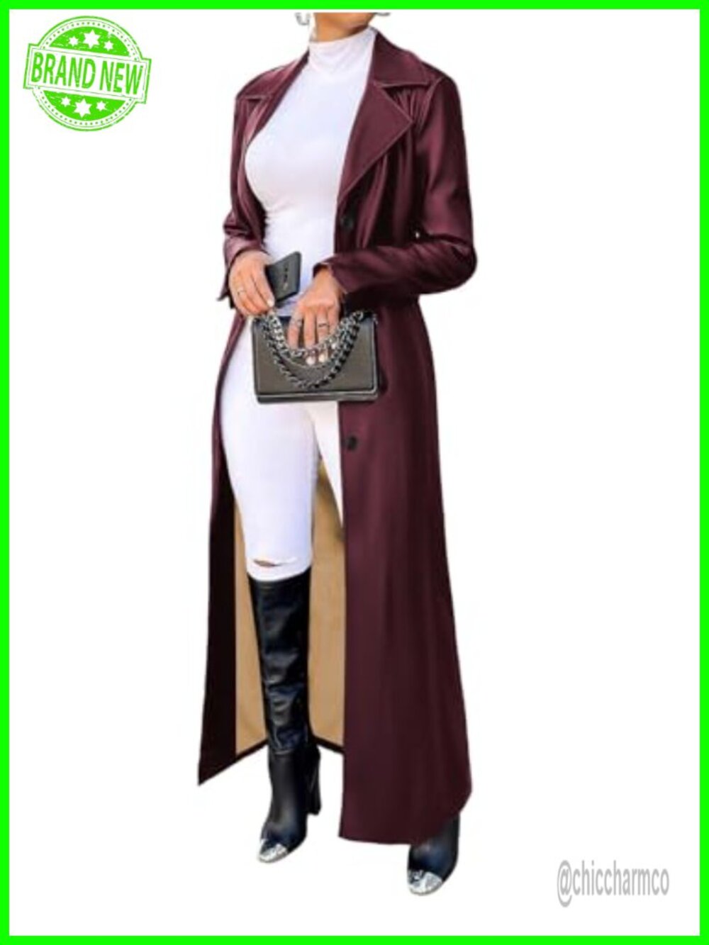 Faux Leather Long Trench Coat Button Down Maxi Overcoat Duster Jacket